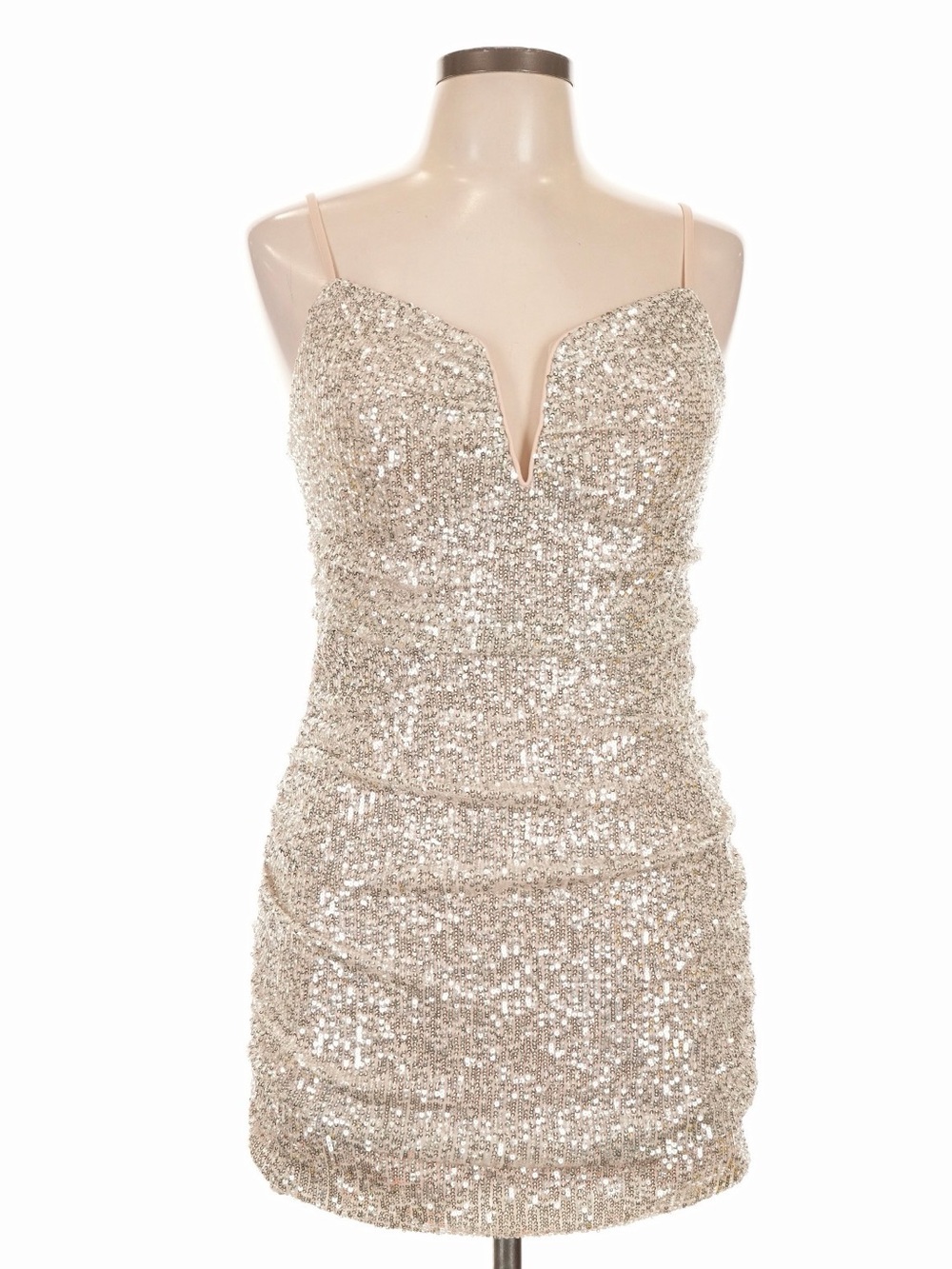 Ever Pretty Champagne Sequin Plunge Neck Mini Dress